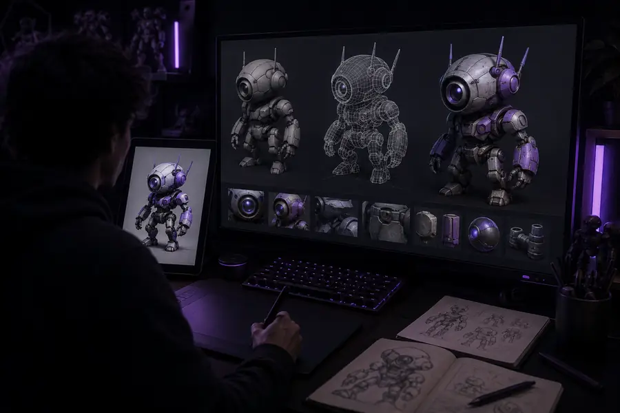 A 3D asset workflow moving from reference image to Blender scene